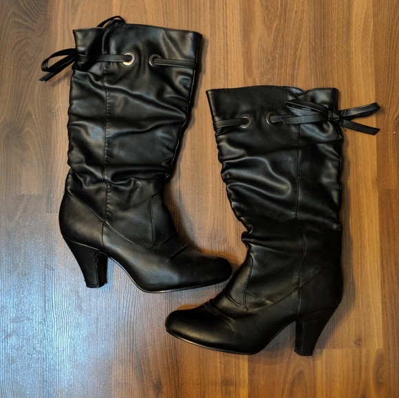 Black Faux-leather Heeled Boots - Picture 1 of 2